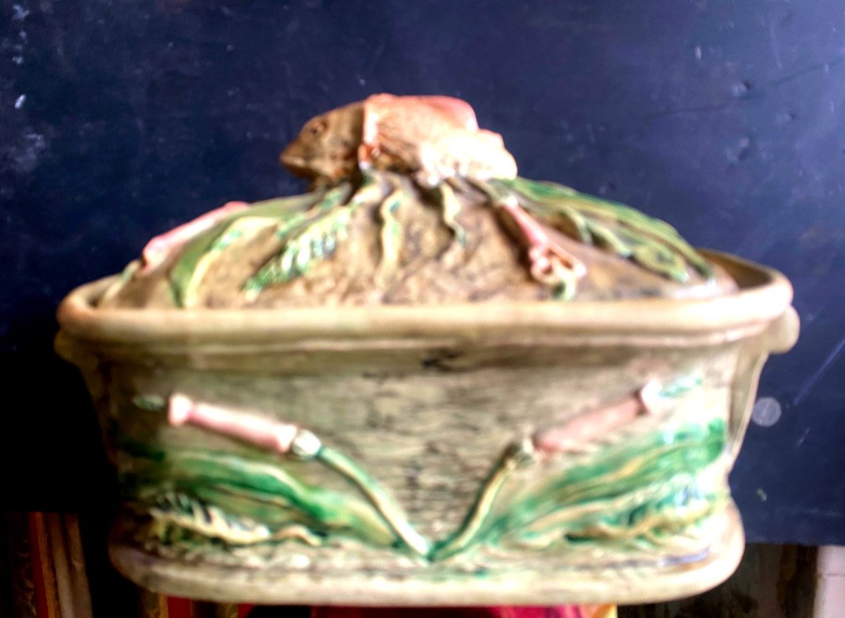 Rare Belle Terrine De Poisson Manufacture De Malicorne XIXème, Au Rouget Richement Ornementéetb