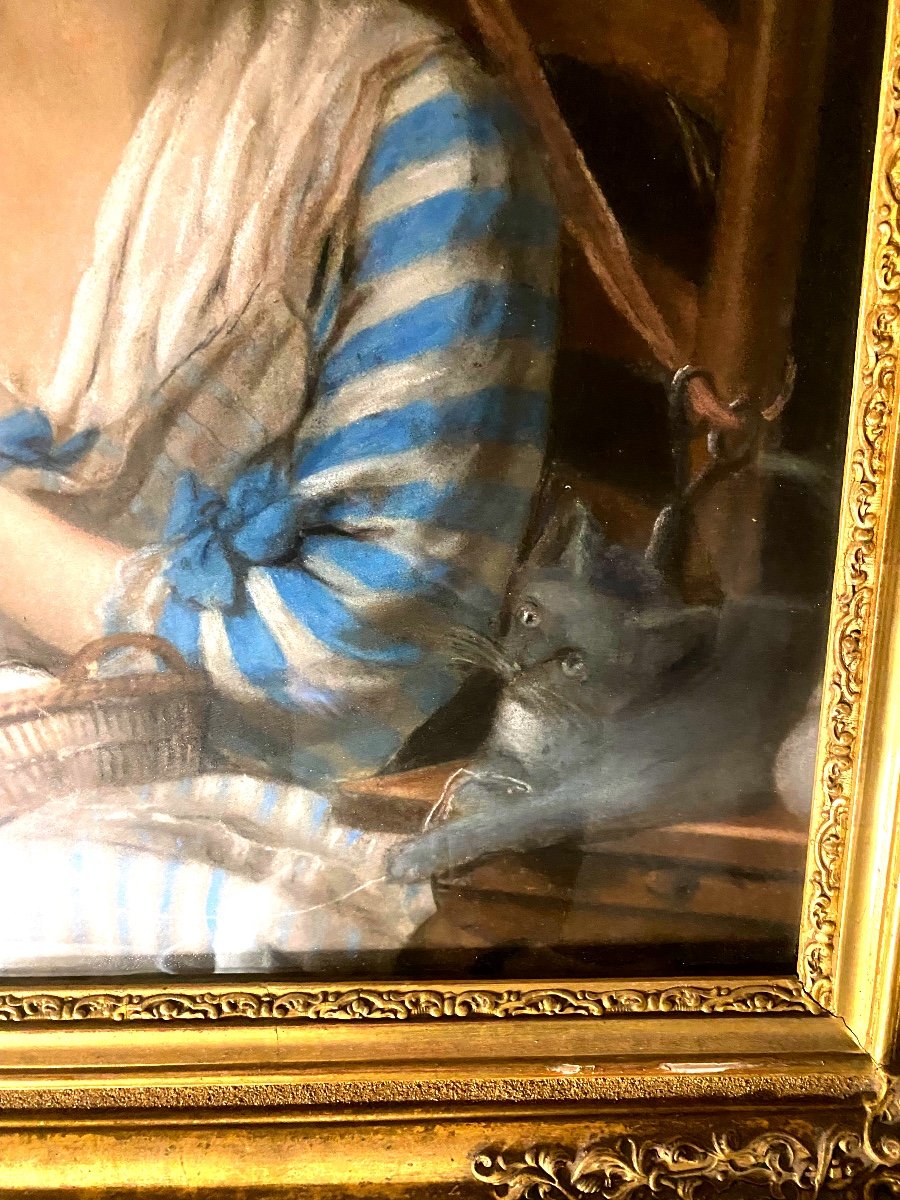 "Jeune Fille à La Pelote De Laine" , Beau Pastel Encadré De La Fin Du XVIIIème, Ecole De Greuse-photo-1