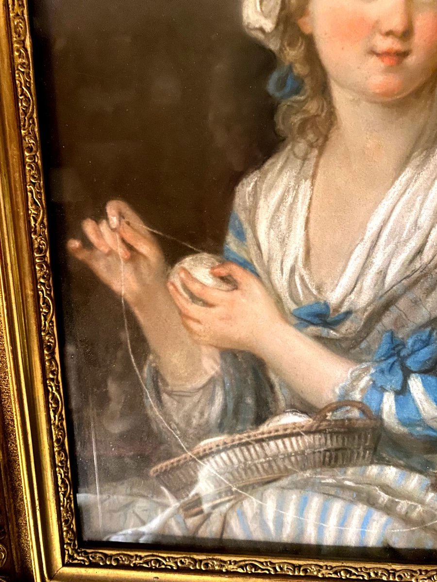 "Jeune Fille à La Pelote De Laine" , Beau Pastel Encadré De La Fin Du XVIIIème, Ecole De Greuse-photo-2