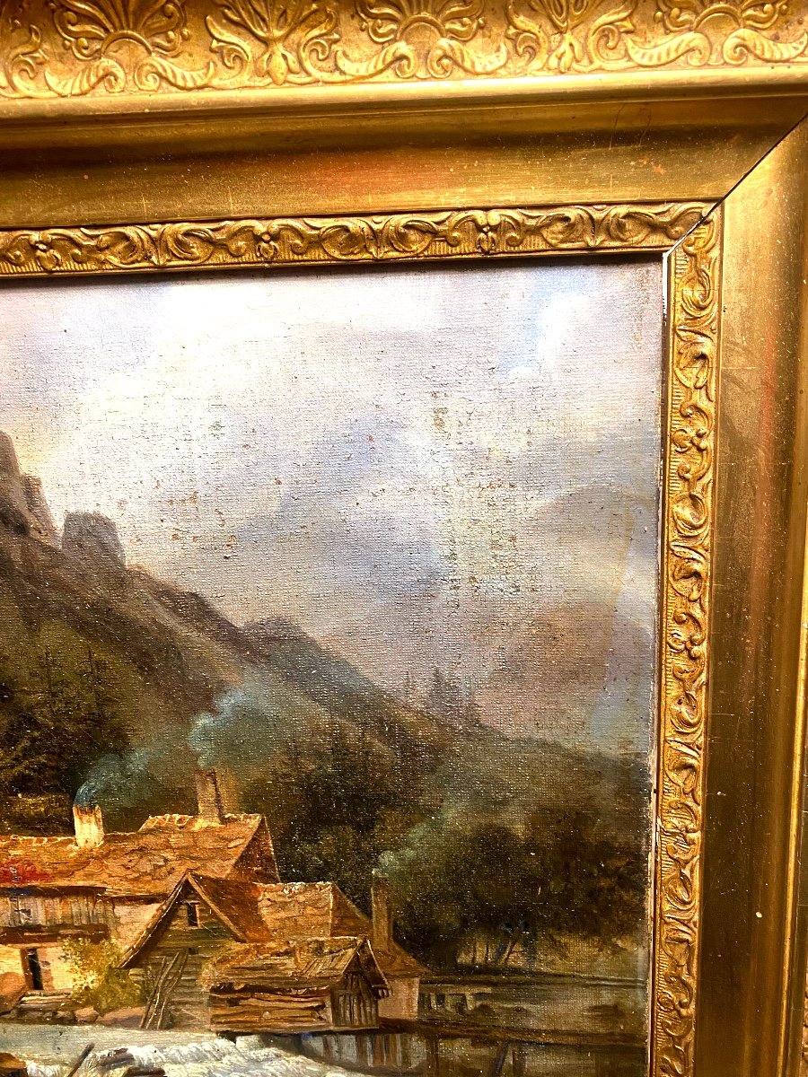 Torrent Tumultueux De Montagne Traversant Un Village Signée d'Alfred Godchaux ( 1835-1895 ) H/t-photo-1