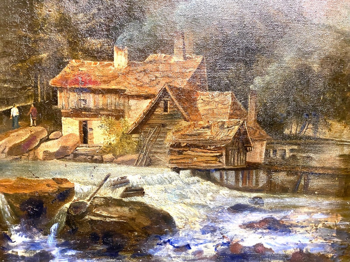 Torrent Tumultueux De Montagne Traversant Un Village Signée d'Alfred Godchaux ( 1835-1895 ) H/t-photo-6