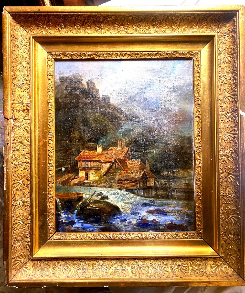 Torrent Tumultueux De Montagne Traversant Un Village Signée d'Alfred Godchaux ( 1835-1895 ) H/t