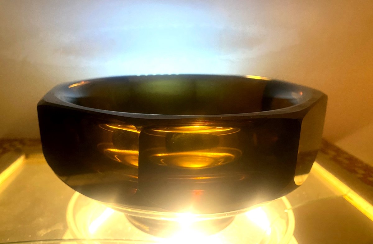 Large Thick Octagonal Sided Daum Nancy Crystal Cup In Smoked Amber Color Circa 50-photo-2