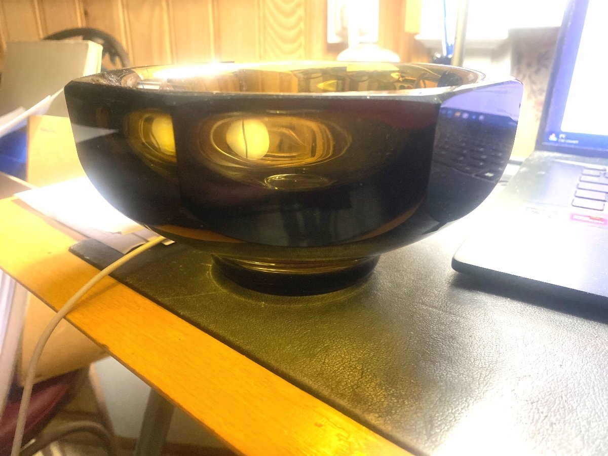 Large Thick Octagonal Sided Daum Nancy Crystal Cup In Smoked Amber Color Circa 50-photo-6