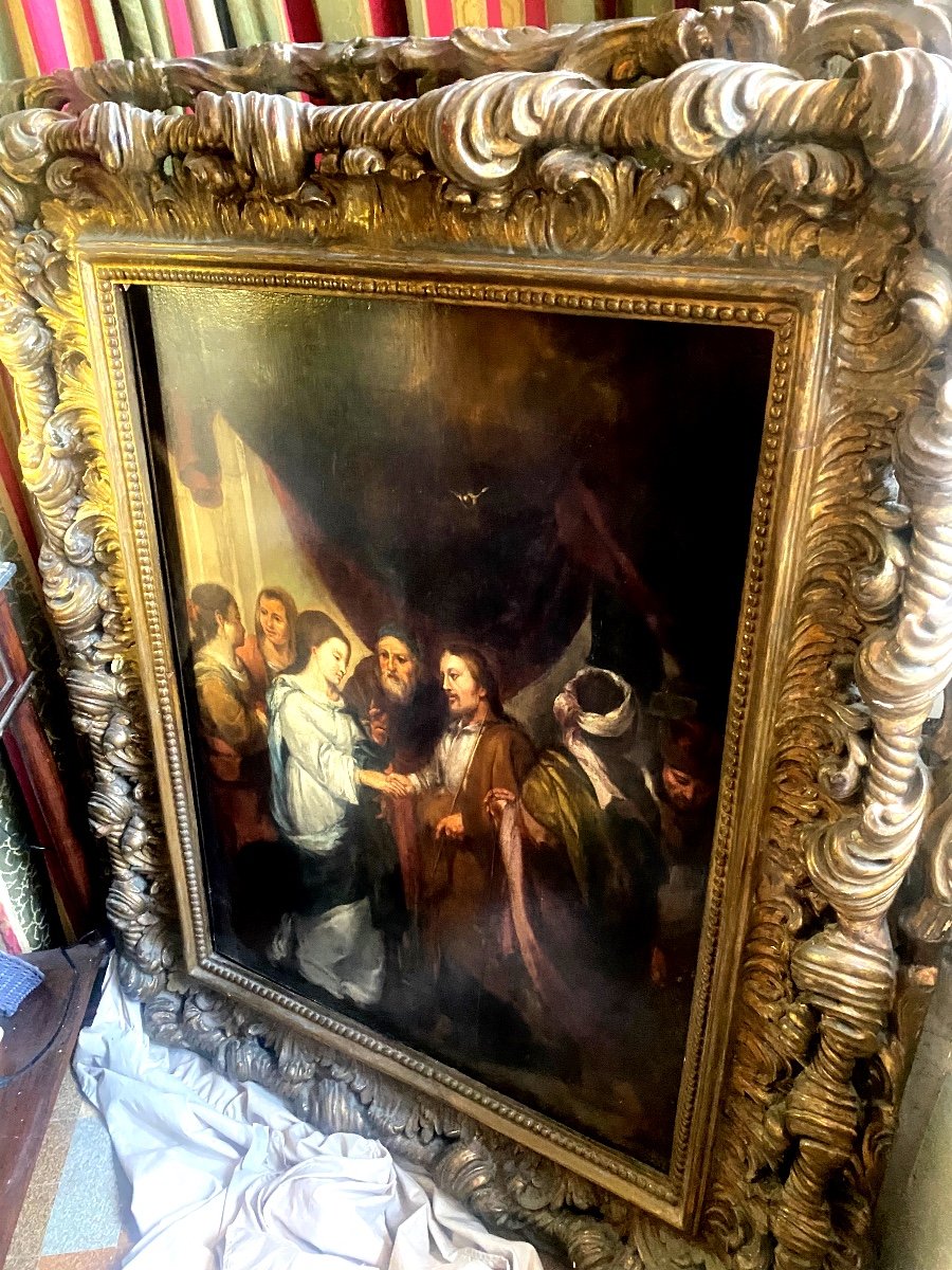 Very Large Painting "the Marriage Of Mary And Joseph" H/canvas In Its Italian Baroque Frame 17th-photo-2