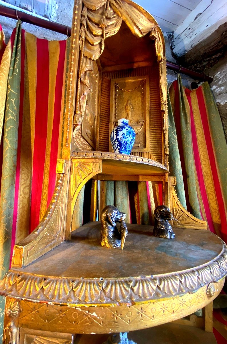 Beautiful Baroque Shelf In Gilded Wood, Three Levels In A Quarter Circle, Belt Drawer 19th Century-photo-7