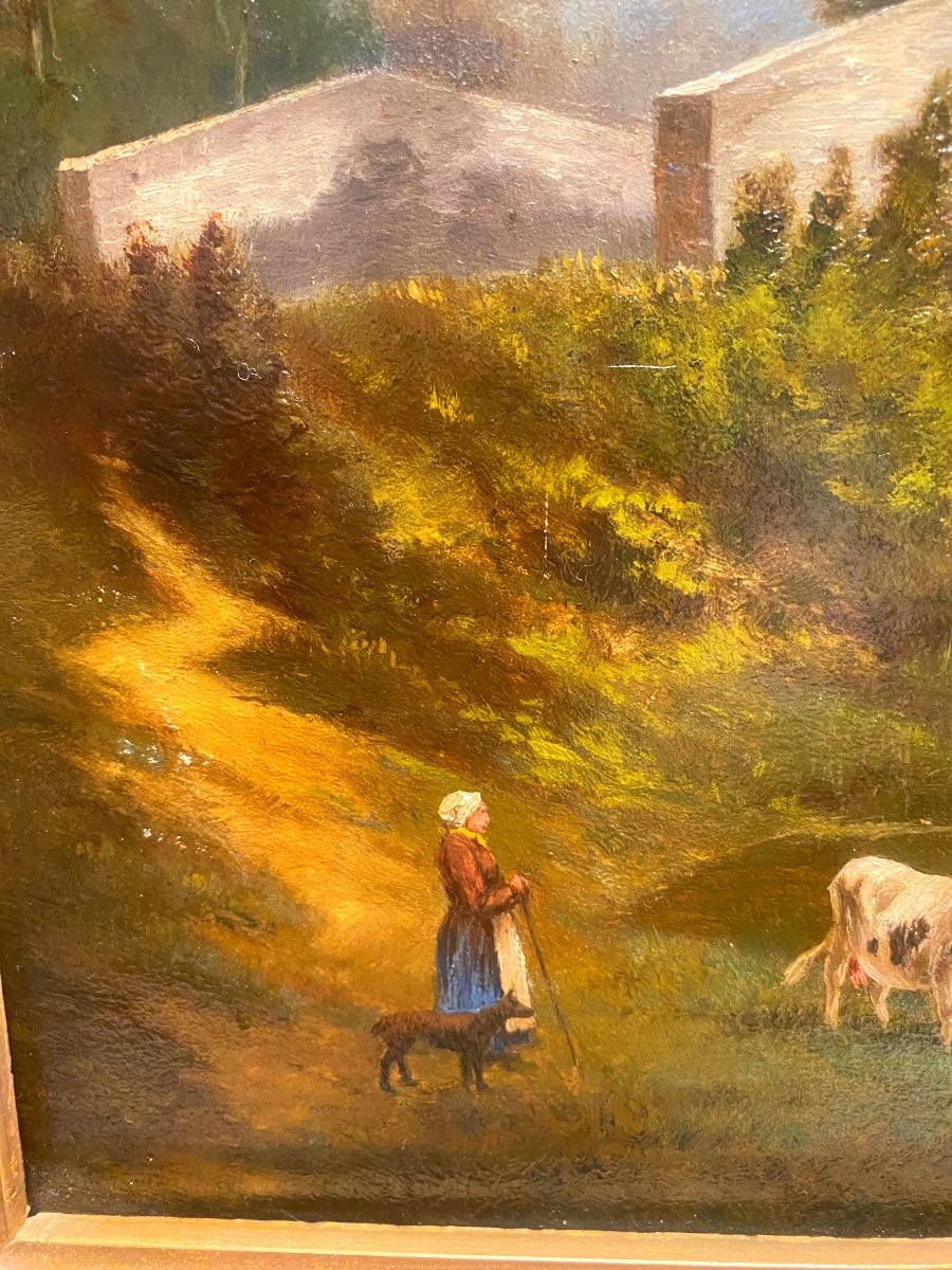 "landscape Of The Animated Countryside Of The Farmer's Wife At The Lake" Oil On Panel 19th Well Framed-photo-3