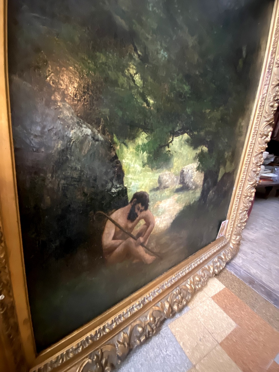 Very Large Naturalist Painting; Gilded Stucco Frame Shepherd Posing Under The Oak Tree, 19th Century-photo-6