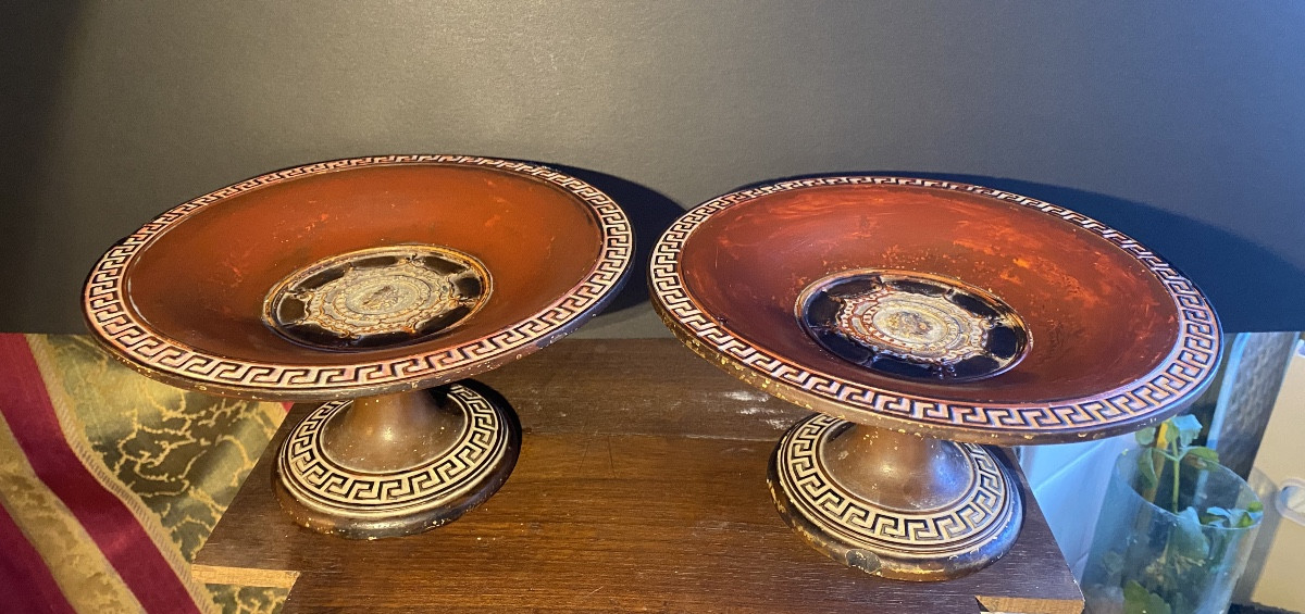 Paire De Coupes Piedouche En Terre Cuite Anglaise XIXème Siècle à l'Imitation De l'Antique Grec-photo-2