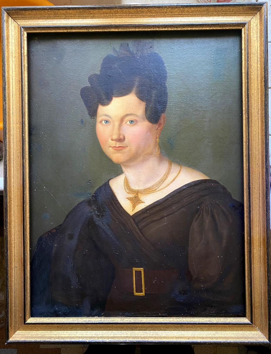 Belle Huile  , 19 ème  Sur Toile Encadrée : "Dame De Qualité" époque Louis Philippe