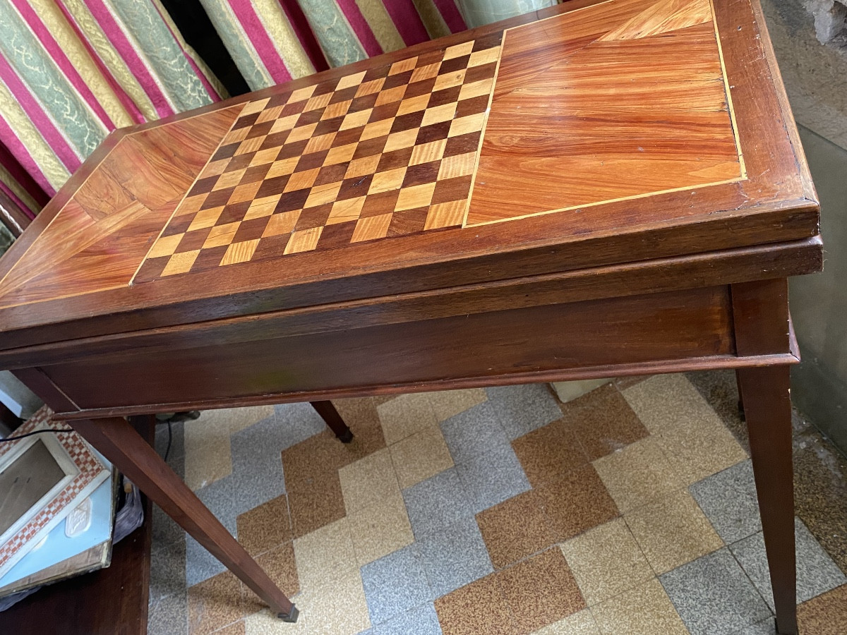 Charmante Table à Jeux En Bois Fruitier Marqueté, Louis XVI/ Directoire Portefeuille  XVIIIème -photo-6