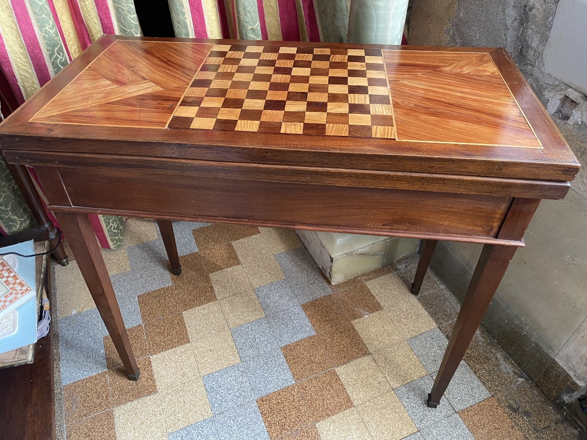 Charmante Table à Jeux En Bois Fruitier Marqueté, Louis XVI/ Directoire Portefeuille  XVIIIème -photo-7