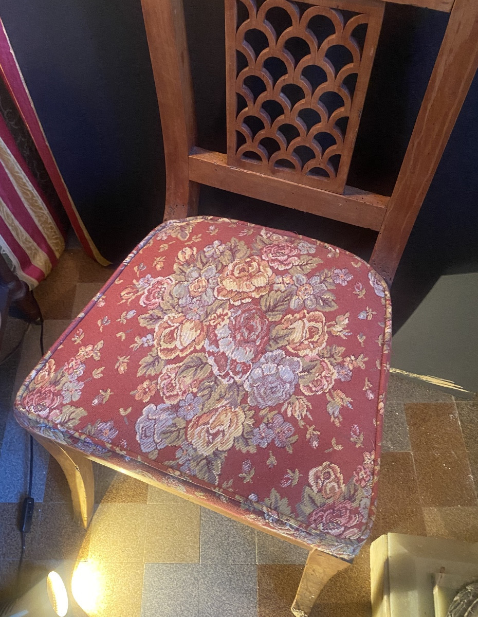 Beautiful Cherrywood Chair: "directoire" Period With Carved Openwork Backrest, 18th Century Upholstered Seat-photo-2