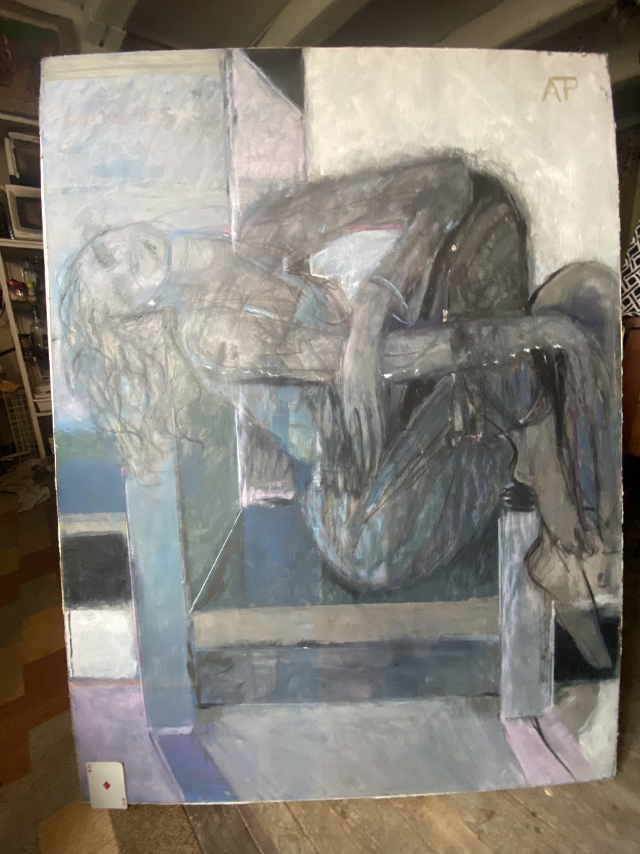Gde Peinture (123x91cm) d'Une Femme Assise "Abstract Contorted Woman" de Ann Ter-Pogossian (90)-photo-1