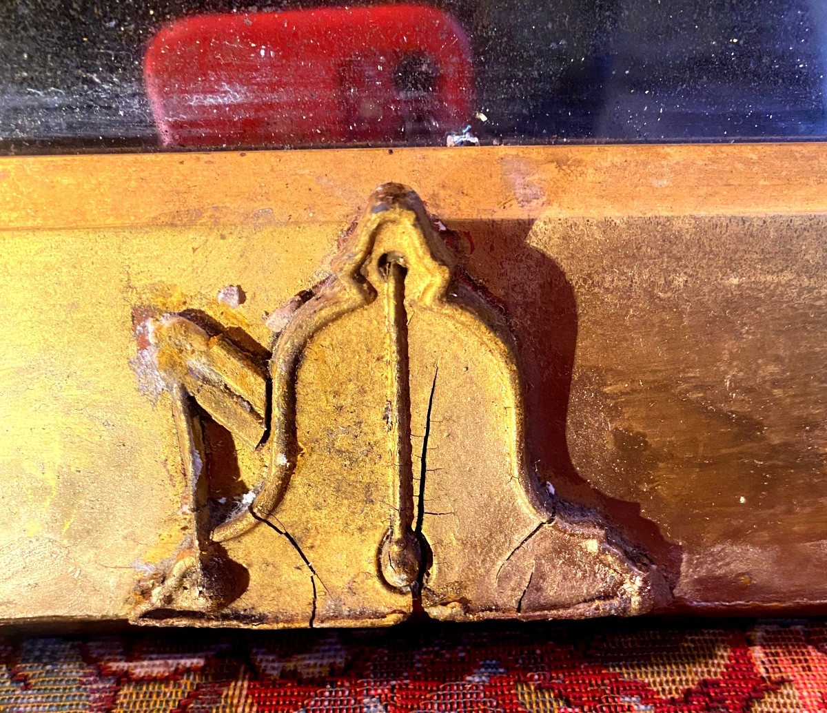 Rare Gilded Wood: Early 19th Century Gilded Wood Mirror With Pediment And Column With Masonic Emblems-photo-5