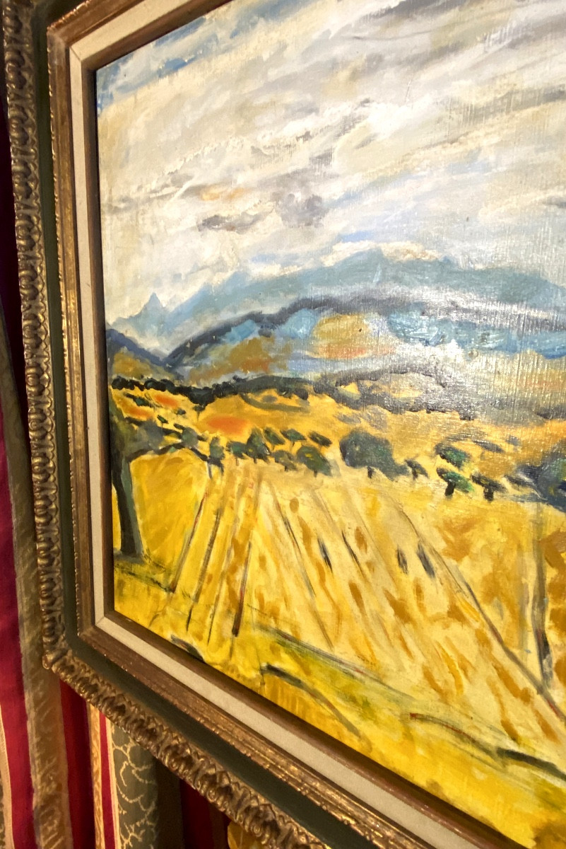 Large, Well-framed Provençal Landscape "les Dentelles" H/canvas Mid-20th Century By Franklin Roudybush-photo-6