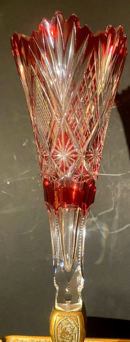 Grand Vase Cornet En Cristal 19ème Monté , Pied Et Plateau Vide Poche En Bronze Finement Ciselé-photo-4