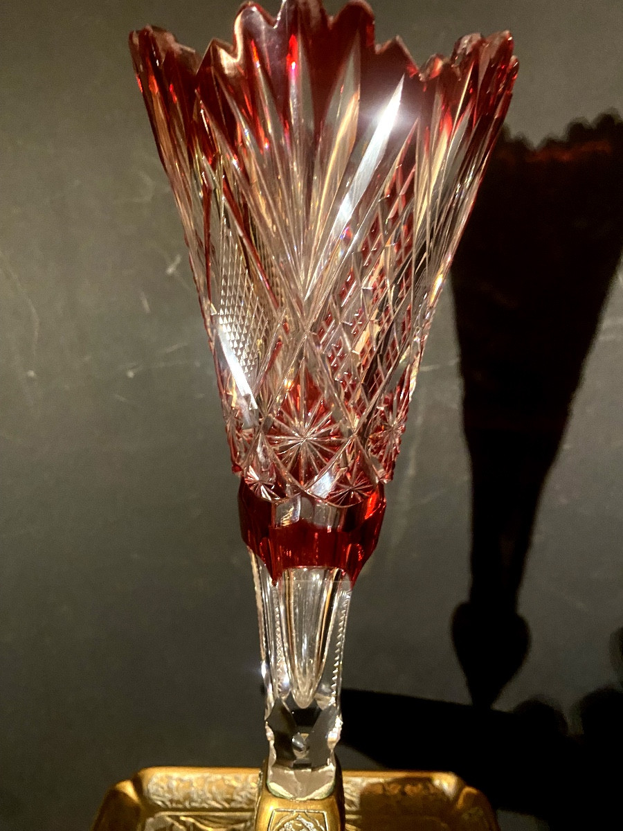 Grand Vase Cornet En Cristal 19ème Monté , Pied Et Plateau Vide Poche En Bronze Finement Ciselé-photo-6