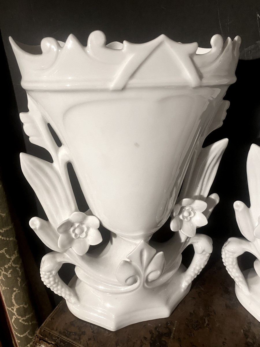 Importante Paire De Vases En Porcelaine Blanche Dit De Mariage De Belle Dimension, Début Du 20è-photo-2