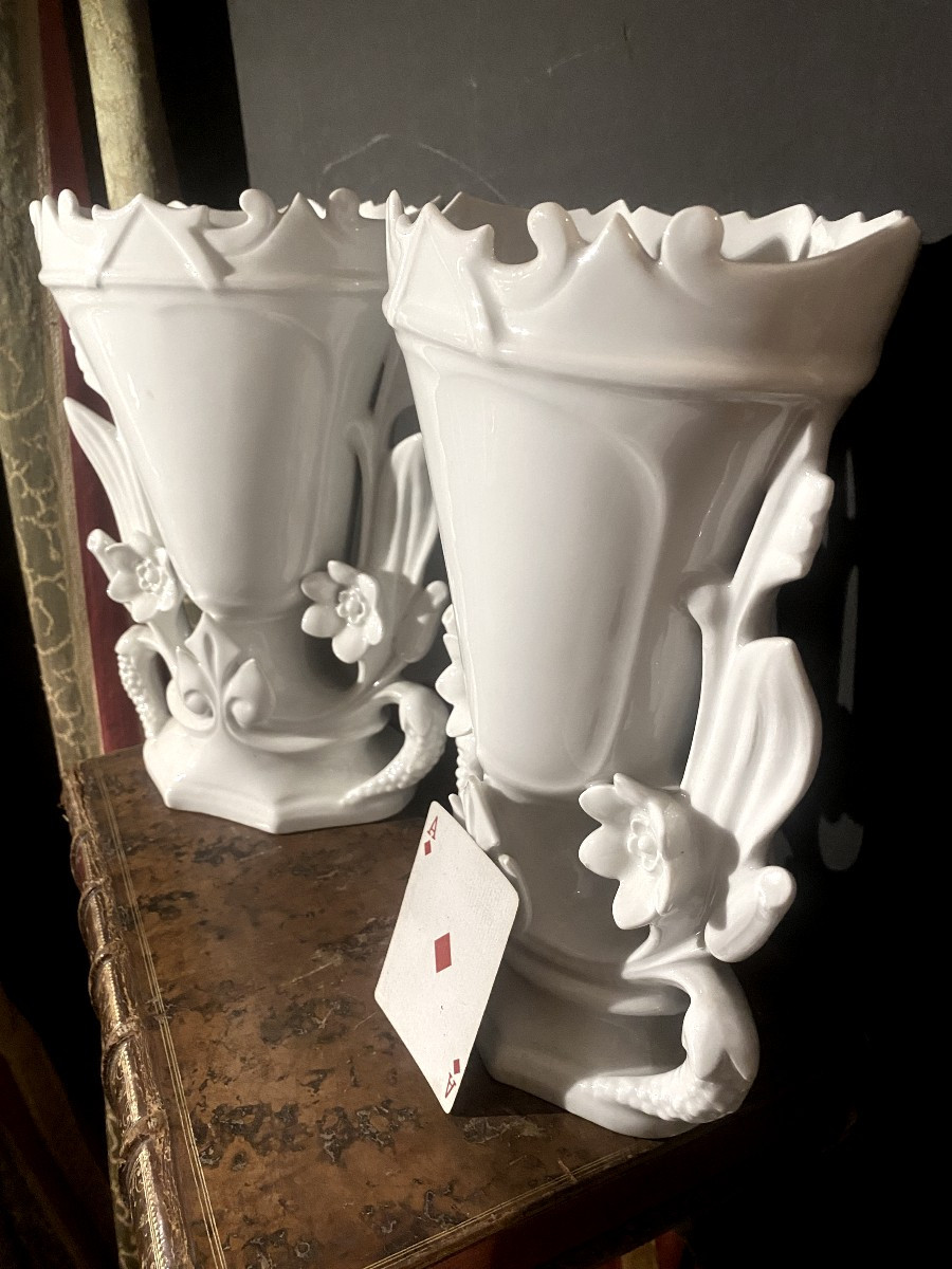 Importante Paire De Vases En Porcelaine Blanche Dit De Mariage De Belle Dimension, Début Du 20è-photo-4