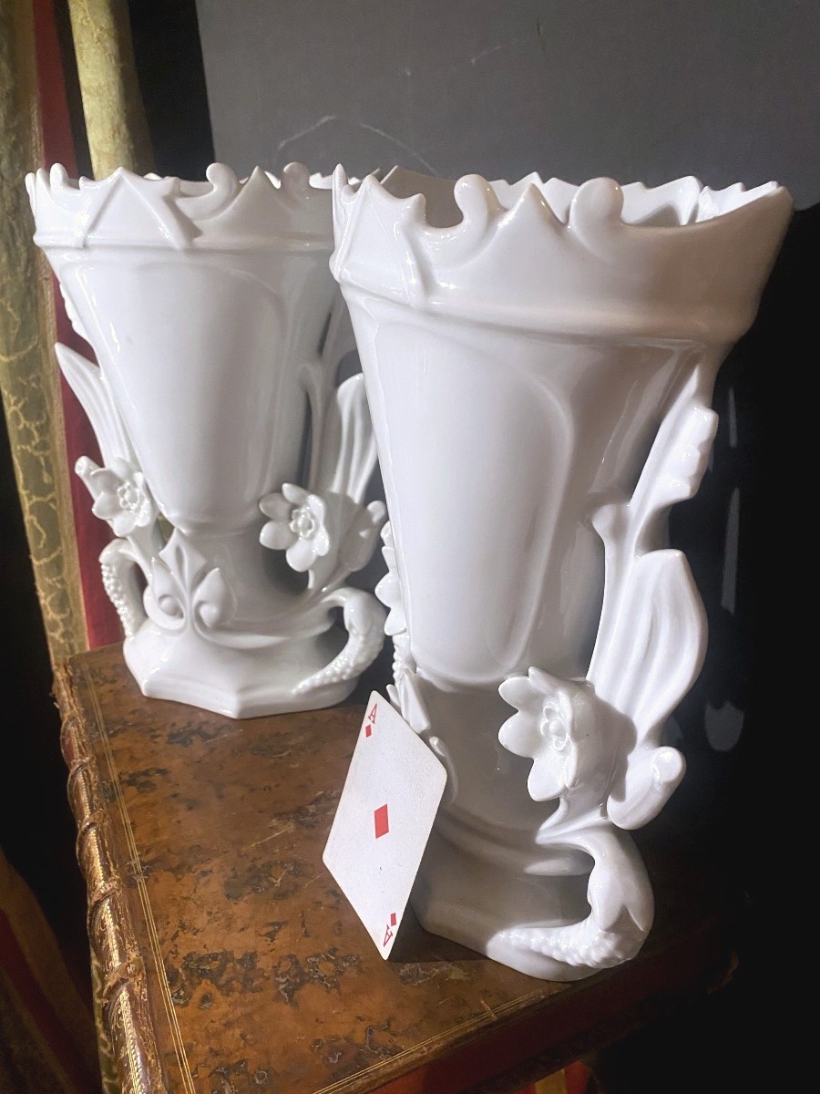 Importante Paire De Vases En Porcelaine Blanche Dit De Mariage De Belle Dimension, Début Du 20è-photo-8