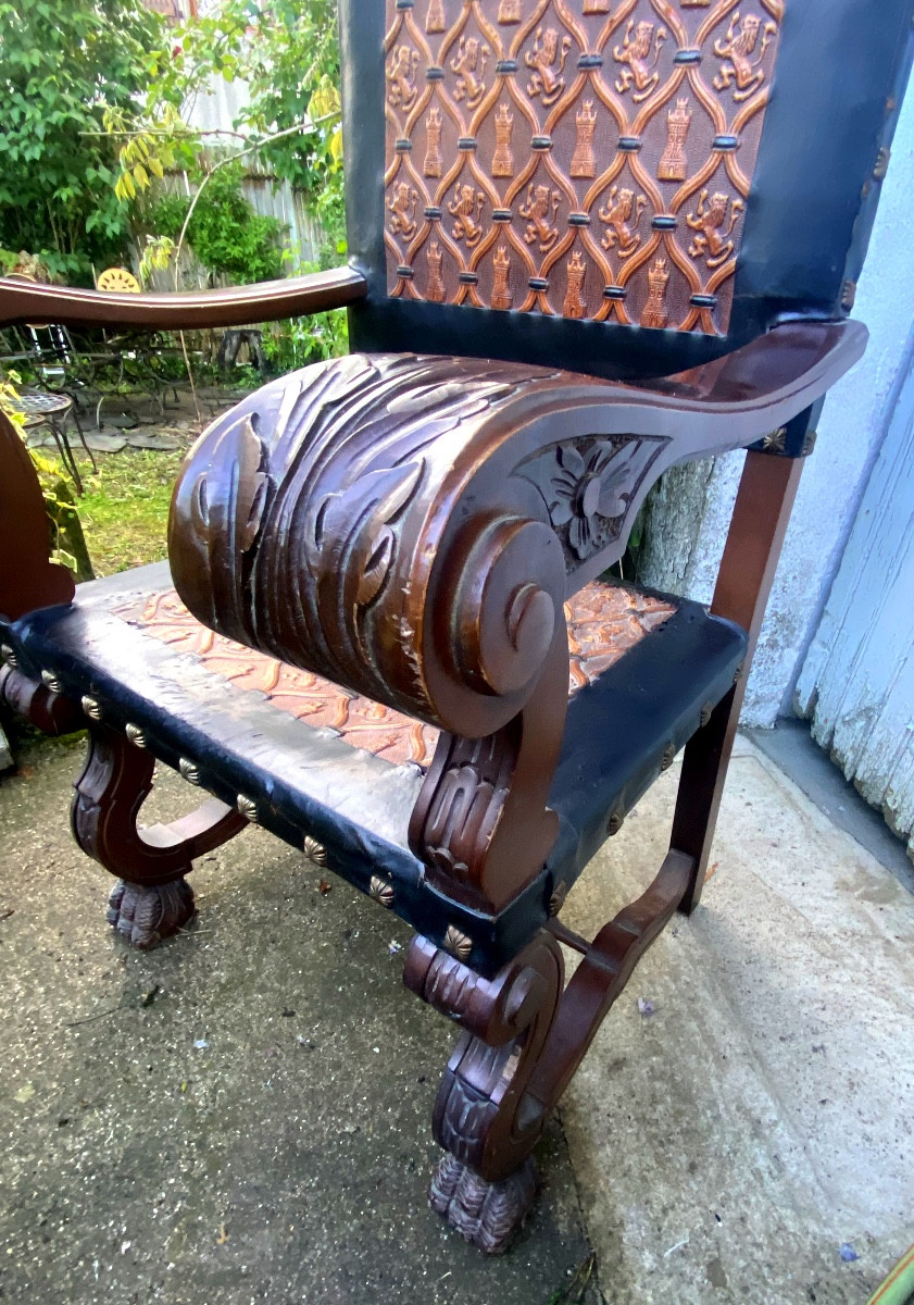 Decorative Large Spanish Throne, Carved Cherry, Beautiful Cordoba Leather Struck Tower And Lion (50)-photo-2