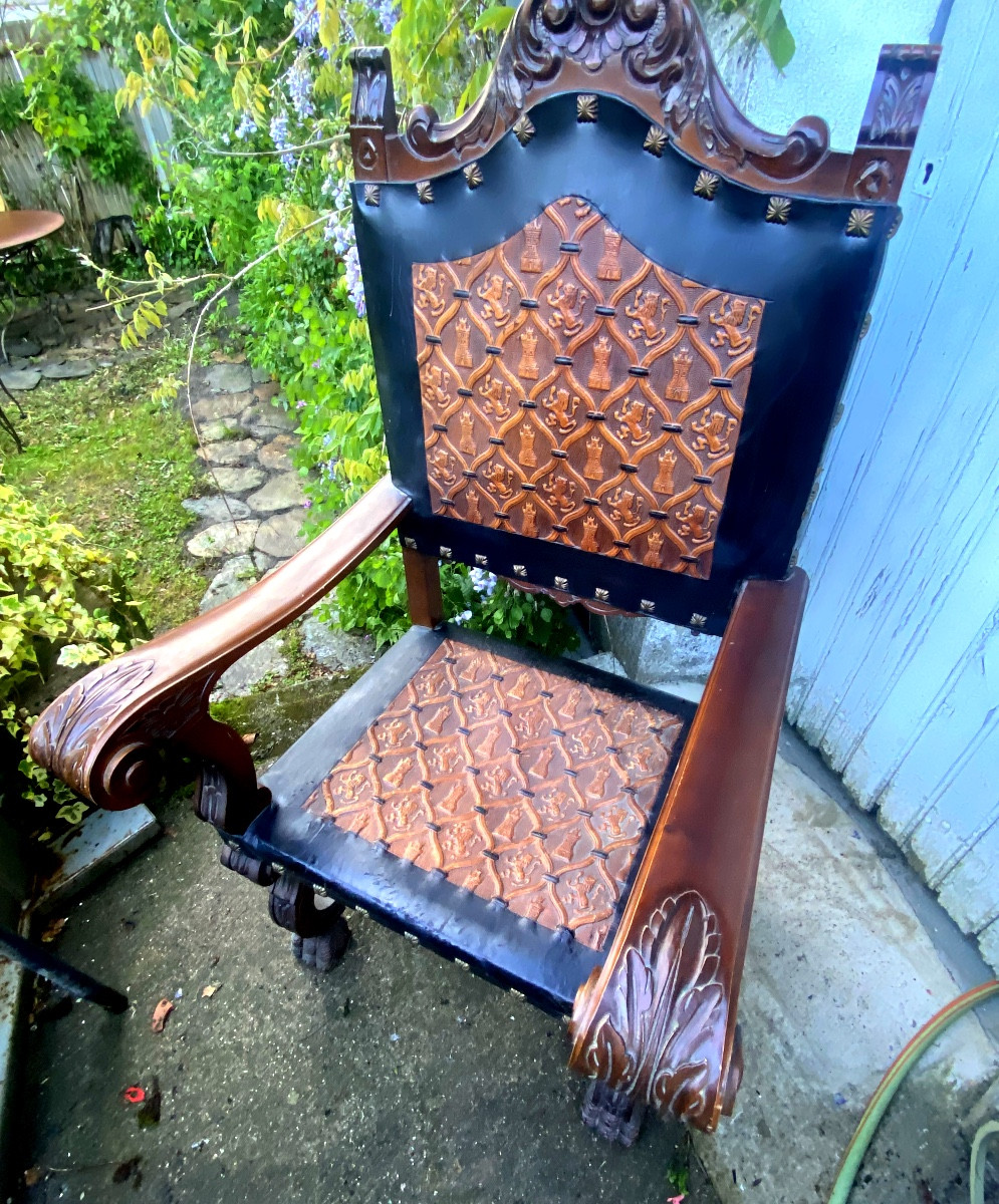 Decorative Large Spanish Throne, Carved Cherry, Beautiful Cordoba Leather Struck Tower And Lion (50)-photo-3