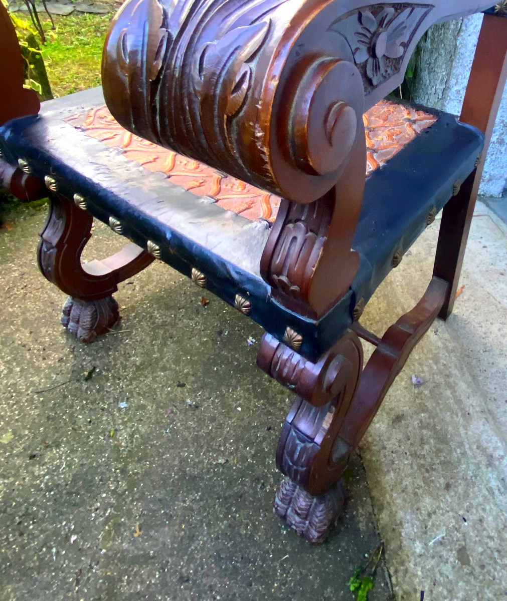 Decorative Large Spanish Throne, Carved Cherry, Beautiful Cordoba Leather Struck Tower And Lion (50)-photo-8