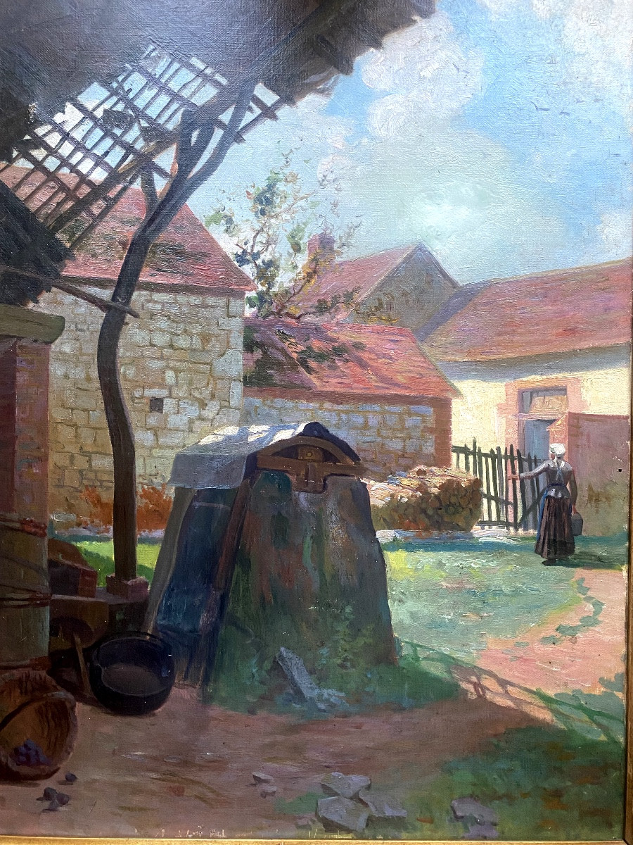  Large Impressionist Canvas, From The End Of The 19th Century "animated Farmyard" Oil/canvas Framed-photo-2