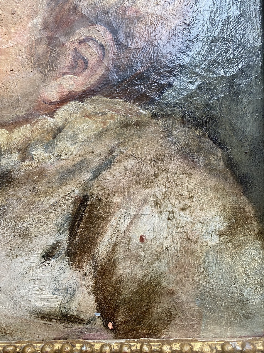 Joli portrait de Nouveau Né attentif" Ecole de Greuze "début XIXème huile sur toile cadre perlé-photo-3