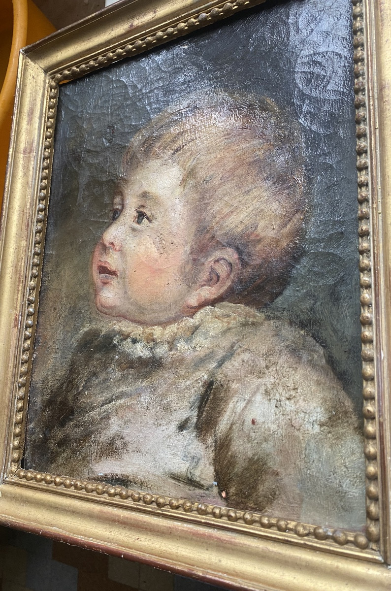 Joli portrait de Nouveau Né attentif" Ecole de Greuze "début XIXème huile sur toile cadre perlé-photo-4