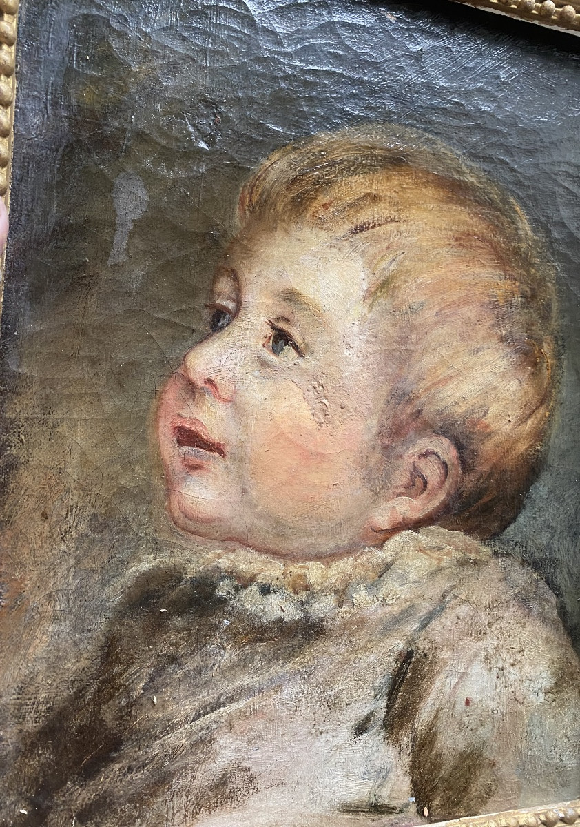 Joli portrait de Nouveau Né attentif" Ecole de Greuze "début XIXème huile sur toile cadre perlé-photo-1