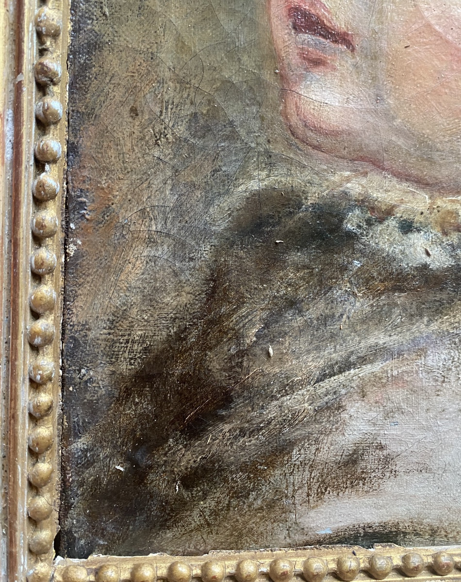 Joli portrait de Nouveau Né attentif" Ecole de Greuze "début XIXème huile sur toile cadre perlé-photo-2