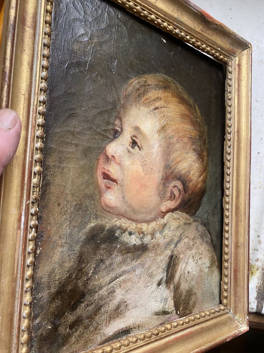 Joli portrait de Nouveau Né attentif" Ecole de Greuze "début XIXème huile sur toile cadre perlé-photo-3