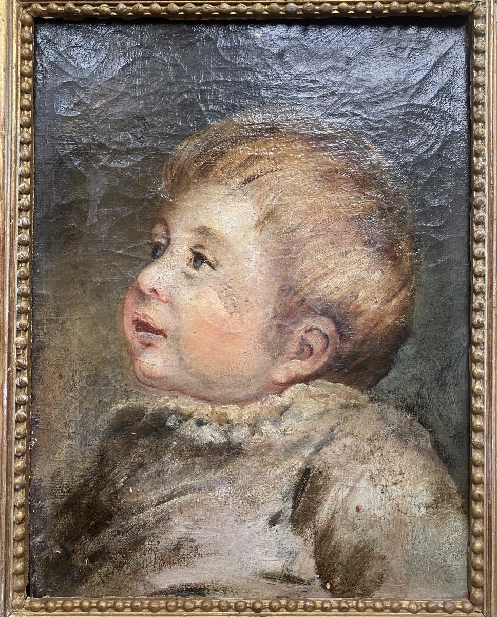 Joli portrait de Nouveau Né attentif" Ecole de Greuze "début XIXème huile sur toile cadre perlé-photo-5