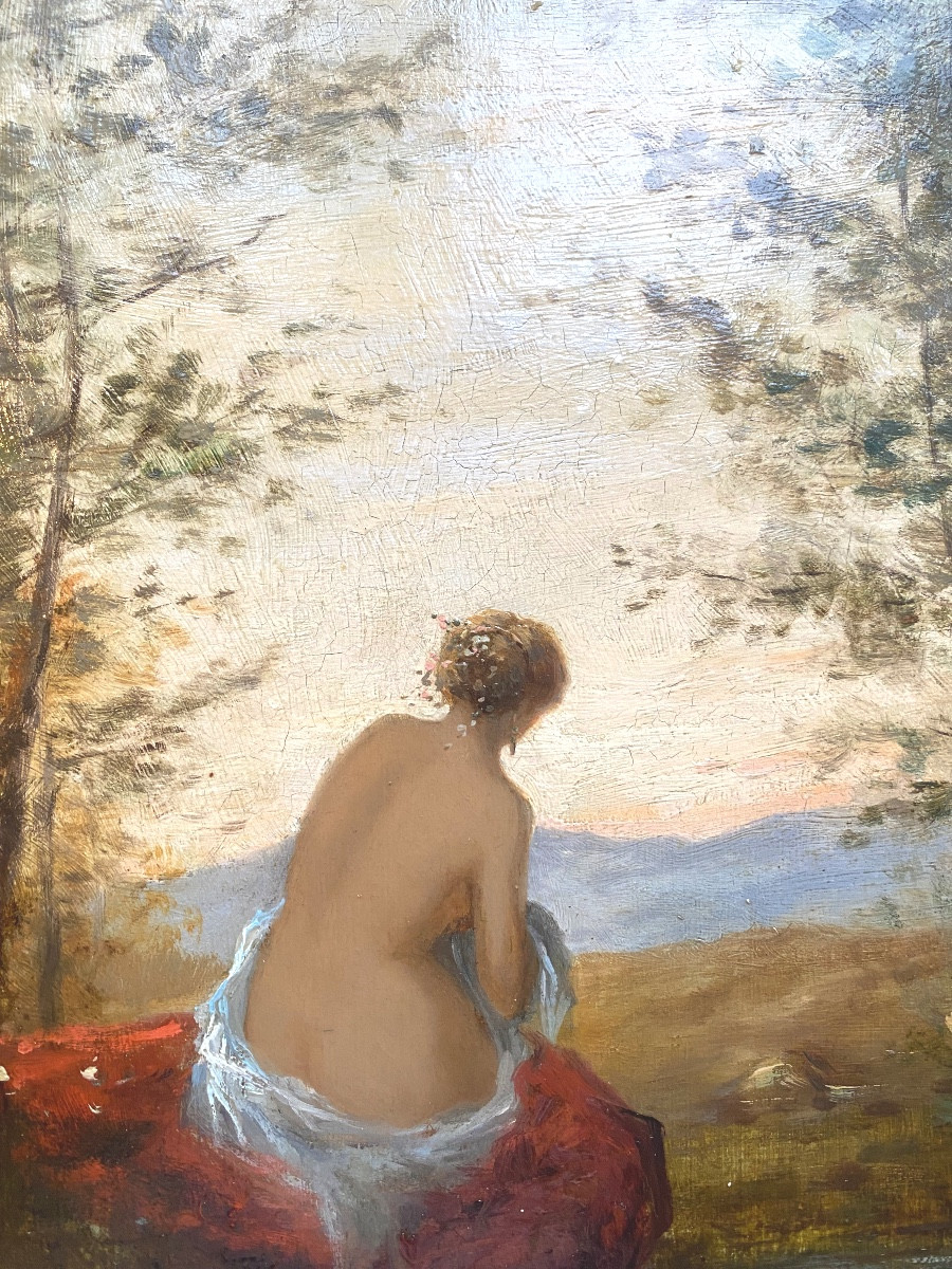 Belle baigneuse dans un cadre de nature au dos dans son drap de bain au dos dénudé H/C. XIXème-photo-2