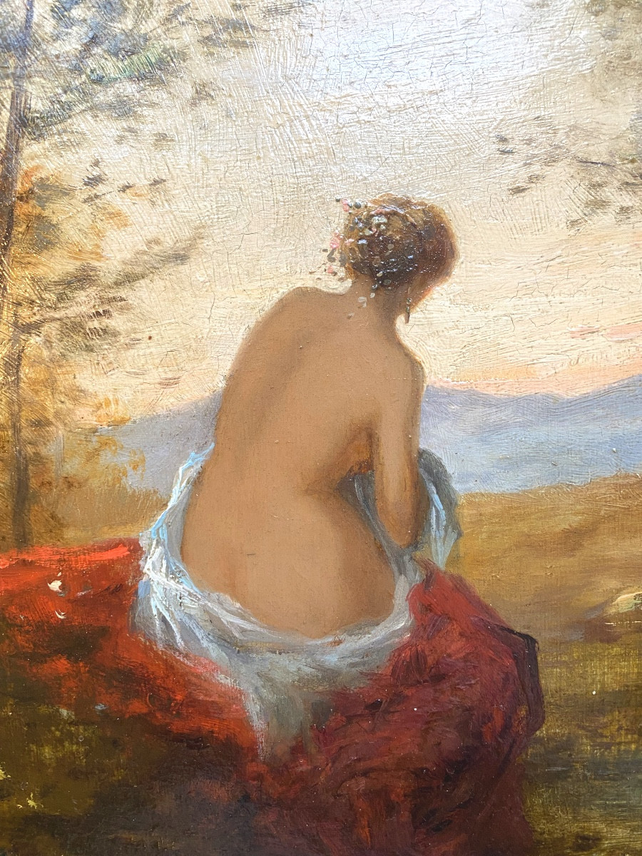 Belle baigneuse dans un cadre de nature au dos dans son drap de bain au dos dénudé H/C. XIXème-photo-5
