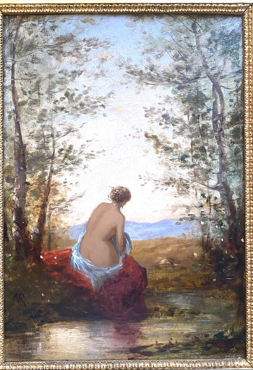 Belle baigneuse dans un cadre de nature au dos dans son drap de bain au dos dénudé H/C. XIXème-photo-7