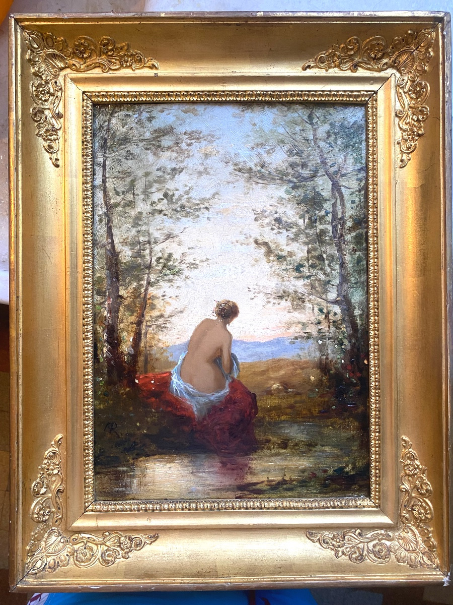 Belle baigneuse dans un cadre de nature au dos dans son drap de bain au dos dénudé H/C. XIXème