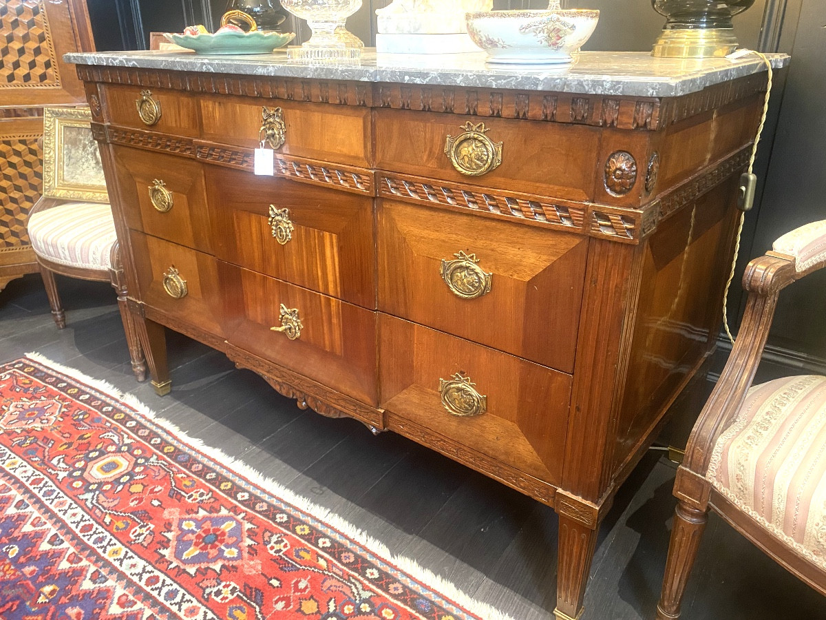 Original 18th Century Louis XVI Chest Of Drawers In Blond Mahogany And Marble With Three Drawers-photo-2