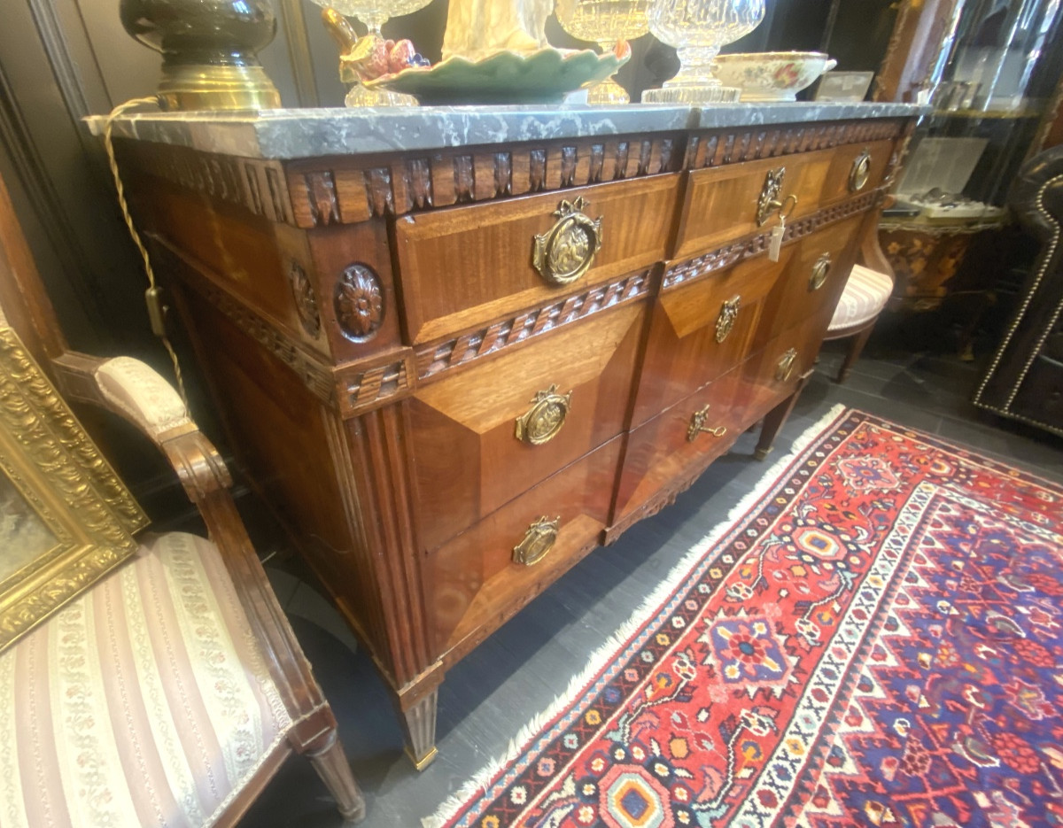 Original 18th Century Louis XVI Chest Of Drawers In Blond Mahogany And Marble With Three Drawers-photo-3