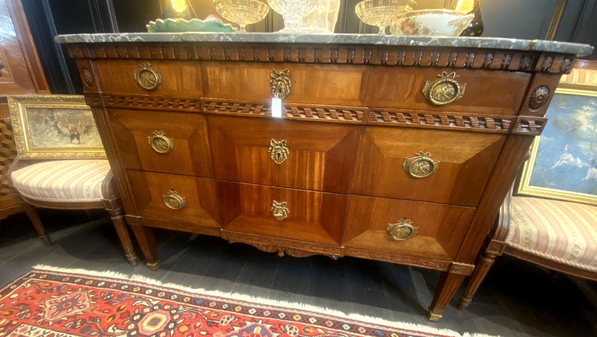 Original 18th Century Louis XVI Chest Of Drawers In Blond Mahogany And Marble With Three Drawers-photo-4