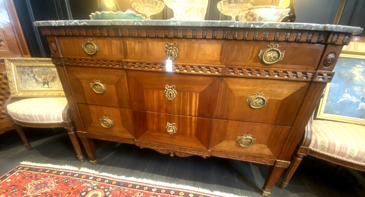 Original 18th Century Louis XVI Chest Of Drawers In Blond Mahogany And Marble With Three Drawers
