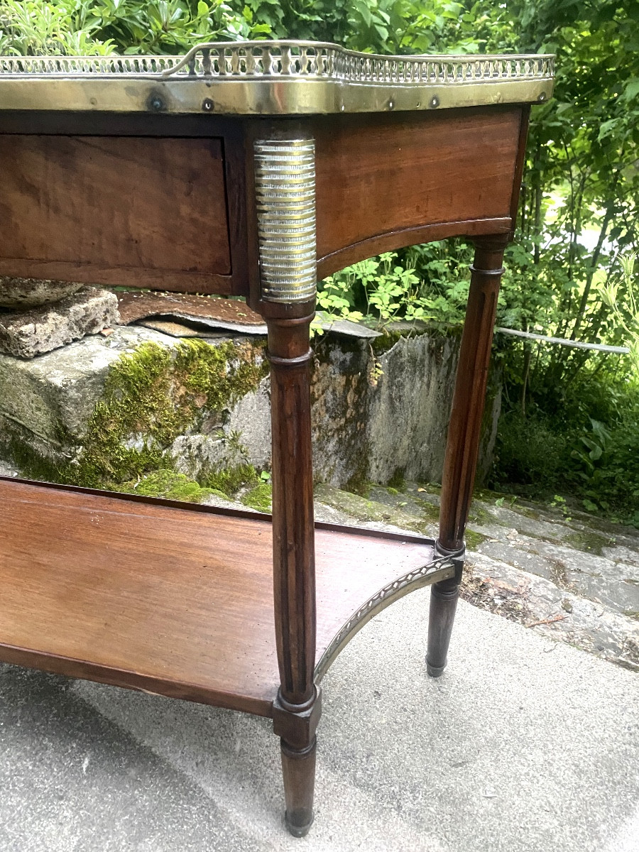 Elegant Console Serving Table, Mahogany Top Edged With White Marble, Curved Sides, Low Shelf, 18th Century-photo-3