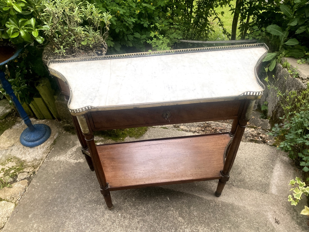 Elegant Console Serving Table, Mahogany Top Edged With White Marble, Curved Sides, Low Shelf, 18th Century-photo-8