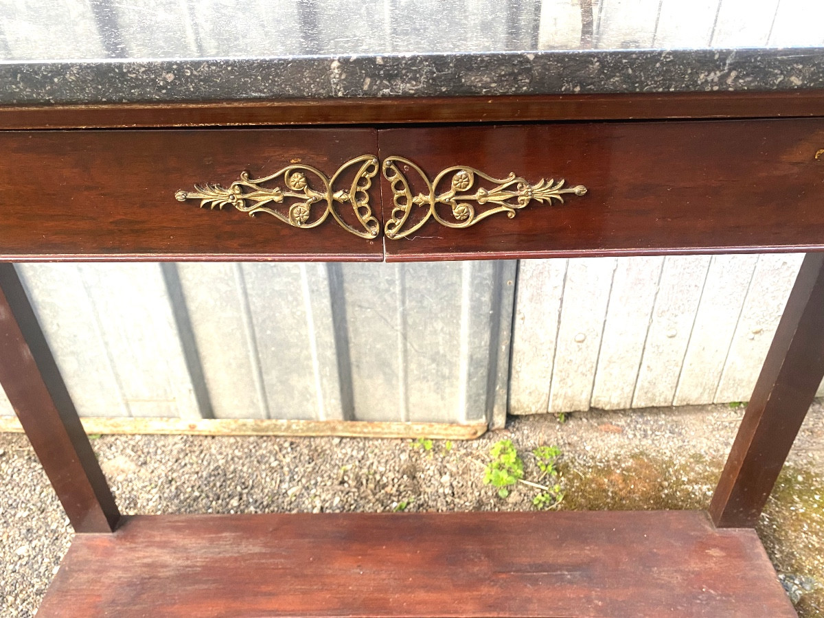 Belle console en acajou , style Directoire plateau marbre porphyre gris 2 tiroirs entretoise19è-photo-4