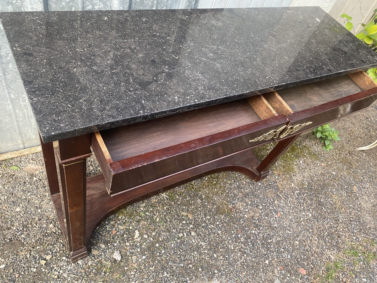 Belle console en acajou , style Directoire plateau marbre porphyre gris 2 tiroirs entretoise19è-photo-1