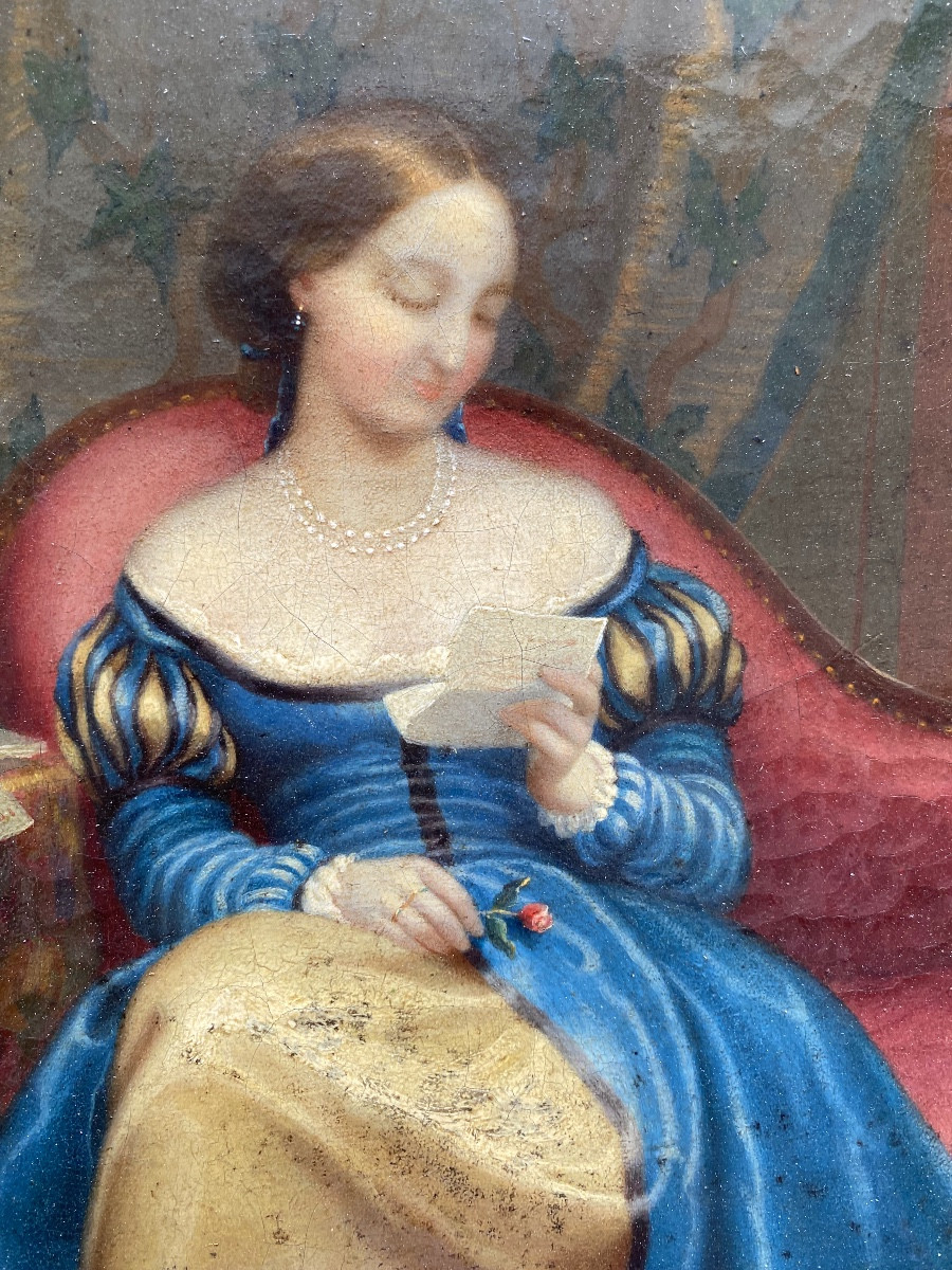 Délicate huile sur toile du XIXème siècle femme lisant dans son salon assise sur sa méridienne.-photo-2