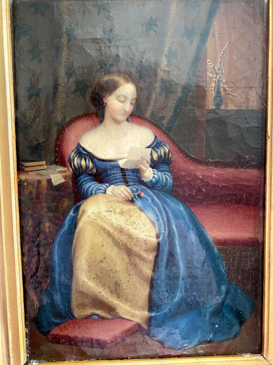 Délicate huile sur toile du XIXème siècle femme lisant dans son salon assise sur sa méridienne.-photo-2