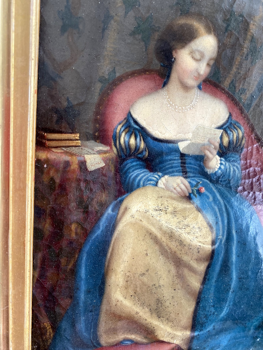 Délicate huile sur toile du XIXème siècle femme lisant dans son salon assise sur sa méridienne.-photo-3